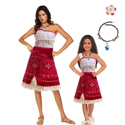 Women Cosplay Vaiana Princess Dress with Necklace Mommy and Daughter Clothes Girl Party Carnival Maui Adults Kids Outfits