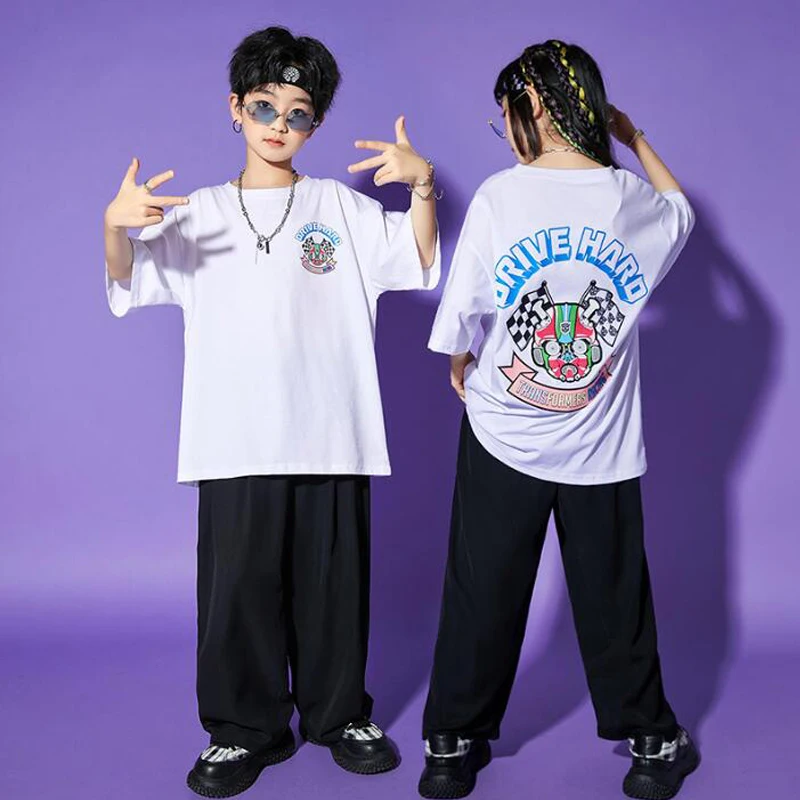 Kids Kpop Hip Hop Clothing Graffiti Oversize T Shirt Streetwear Sweat Baggy Pants For Teen Girl Boys Jazz Dance Costume Clothes