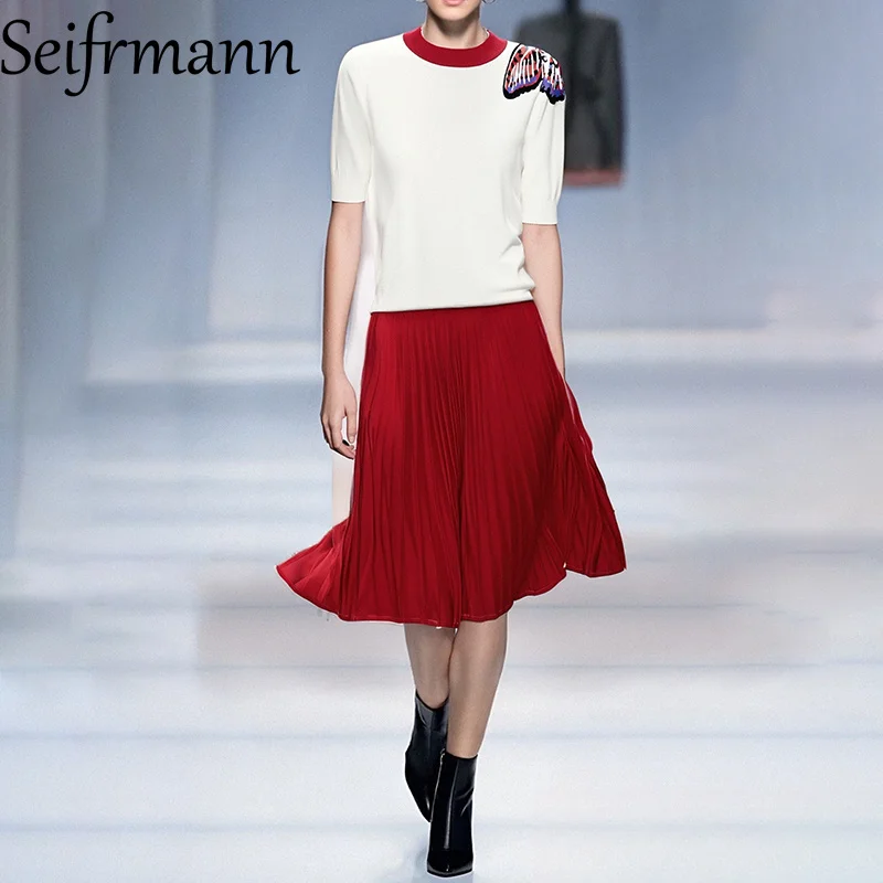 

Seifrmann 2025 women's popular round neck short sleeved butterfly embroidered knitted sweater paired with pleated red half skirt