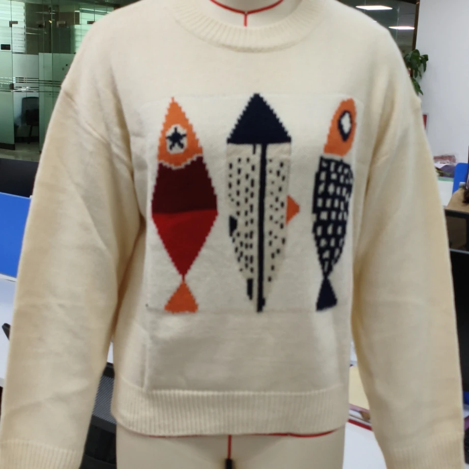 سترة نسائية فضفاضة خفيفة الوزن عصرية بطباعة سمكة تجريدية وأكمام طويلة ورقبة دائرية متماسكة #5