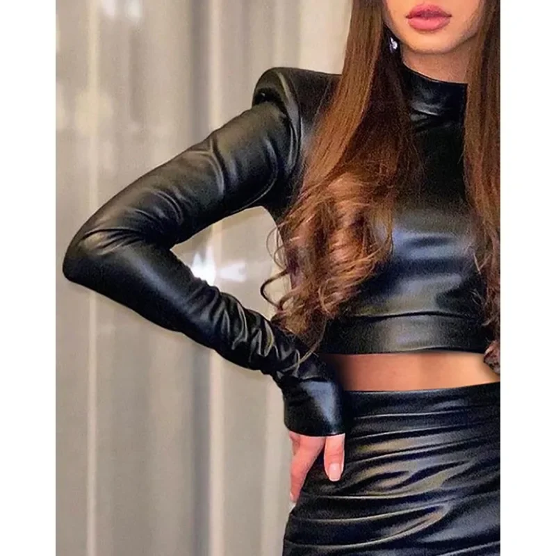 Two Piece Sets PU Skirts Outfits Turtleneck Sexy Short Top Sexy Dress Sets Women Long Sleeve Tops PU Pencil Skirts Skinny Skirts