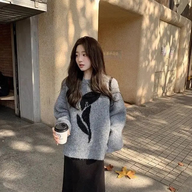 Korean Style Lazy Thickened Sweater Loose Round Neck Contrasting Jacquard Sweater Women 2024 Autumn Winter Y2K New Gray Sweater