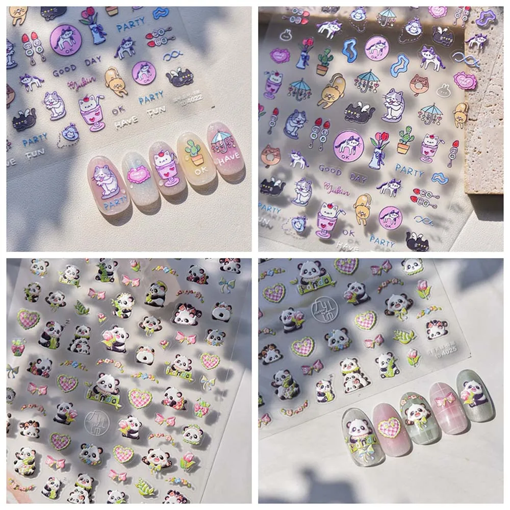 Love Heart Shape Cartoon Panda Nail Stickers Nail Accessories 5D Embossed Cartoon Cat Nail Decals Nail Supplies Bowknot