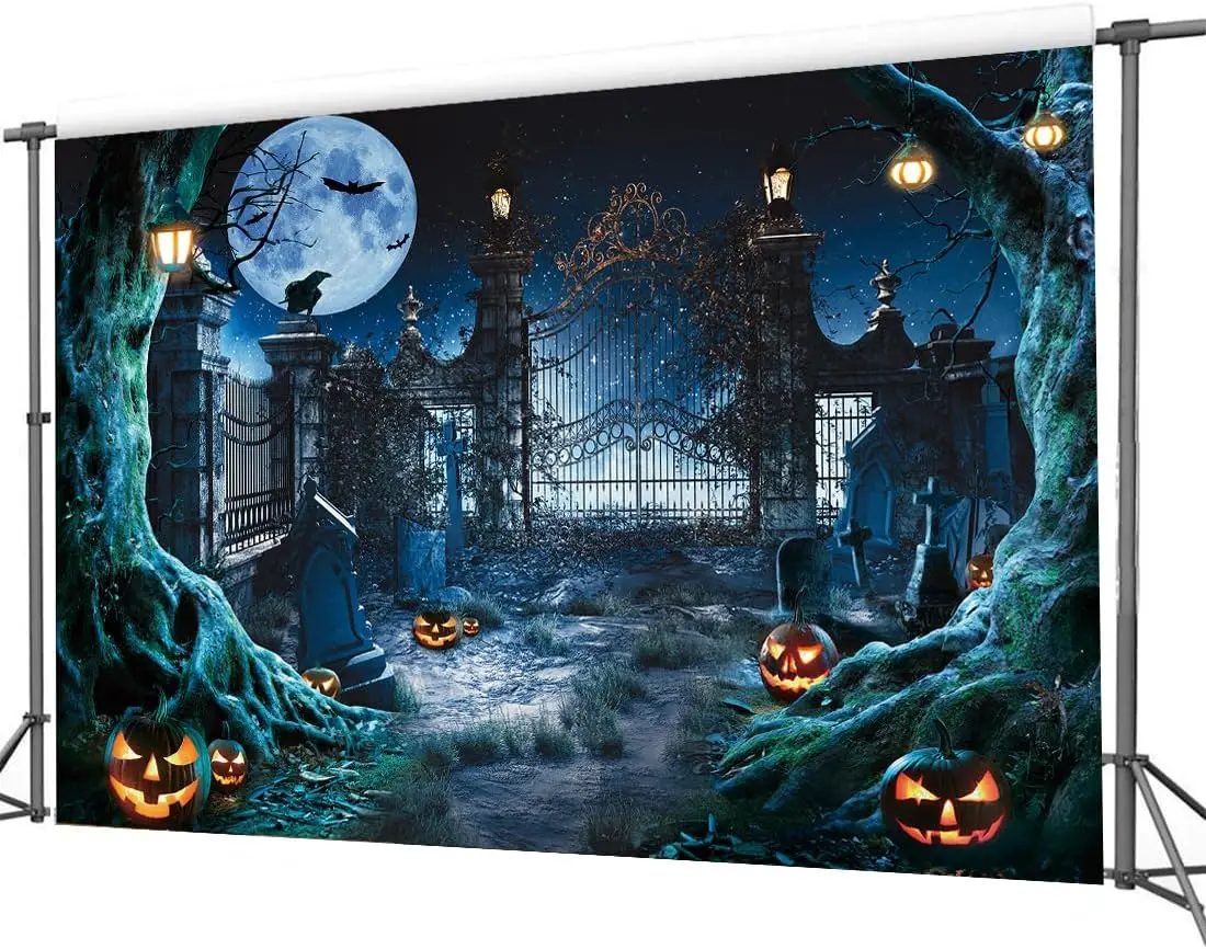 

CYLYH Happy Halloween Orange Backdrop Хэллоуин Ева Фон Хэллоуин Вечеринка Фонарь Луна Летучая Мышь Паутина Крендовище Паркан Ph