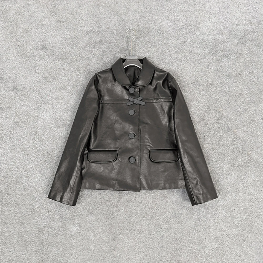 Bow-adorned Eco-leather Women's Jacket Retro Elegant Commuter Peter Pan Collar Long Sleeve Leather Jacket 2026 Spring New Y2k