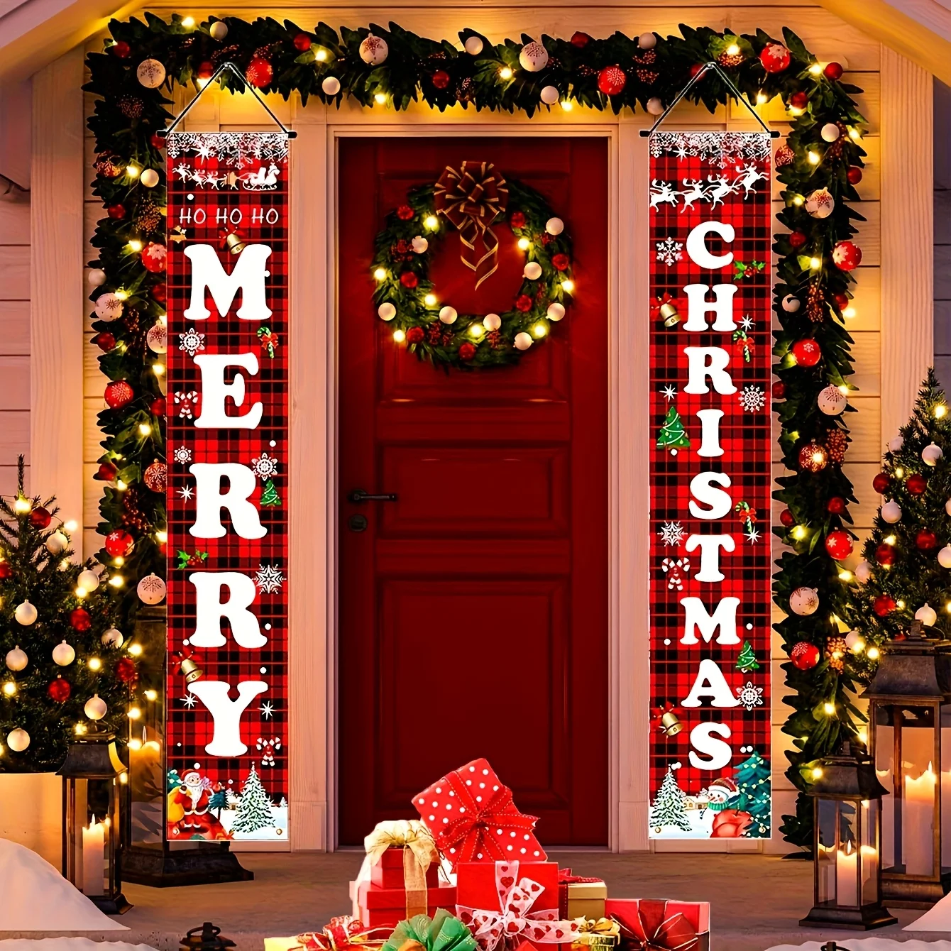 VIKAMA Weihnachts-Tür-Wandteppich, rot und schwarz, kariertes Banner, Couplet, amerikanische Vintage-Weihnachtsdekoration