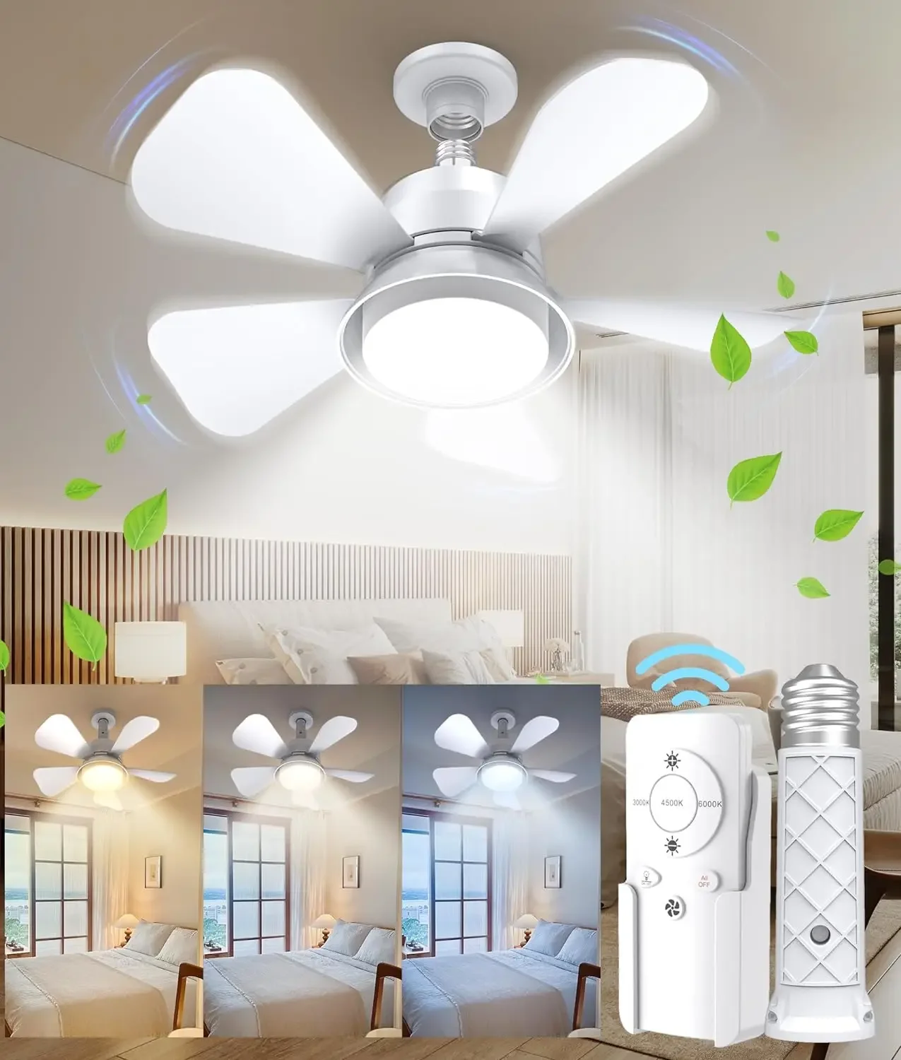 

Remote Control Dimmable Socket Fan Light Ceiling Fans with Lights, 1000 Lumens Light, 3 Colors Adjustable 3000K-6500K