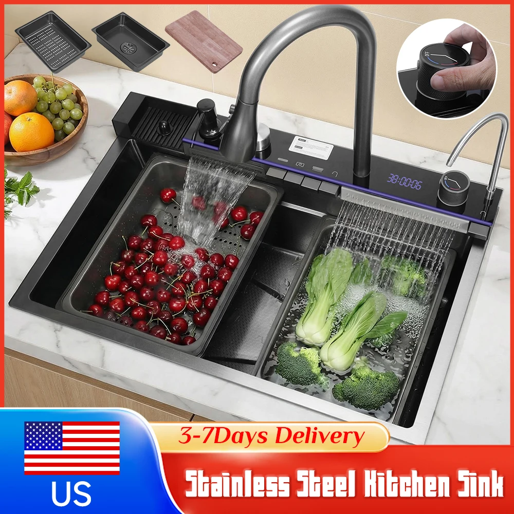 

Кухонная мойка из нержавеющей стали с цифровым дисплеем, водопадным изливом, выдвижным поворотным смесителем, омывателем для стаканов с функцией повышения давления и встроенной корзиной для отходов
