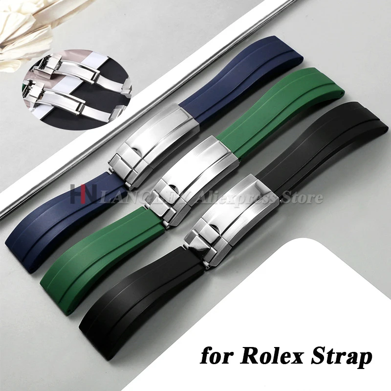 Soft Rubber Watch Strap 20mm for Rolex Green Water Ghost Daytona Diver Band Waterproof Silicone Fold Buckle Men's Sport Bracelet