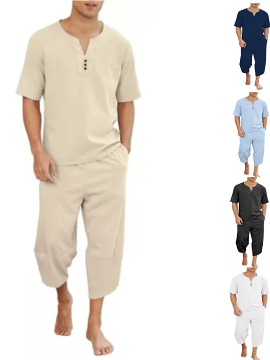 

Men's Casual V-Neck Short Sleeve Suit Cotton Seven-Piece Pants Shirt Four Seasons Suitable for Young People