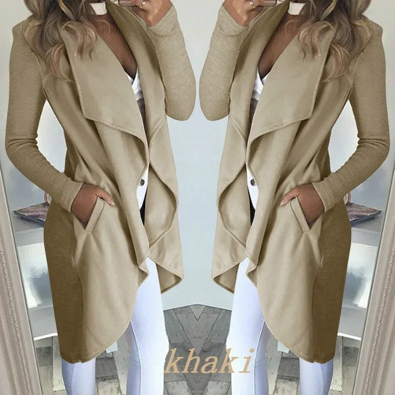 

Плюс размер, европейско-американская мода, сплошной цвет, разглаживает силуэт, Тренч с лацканами, утягивающая длинная ветровка, женская куртка