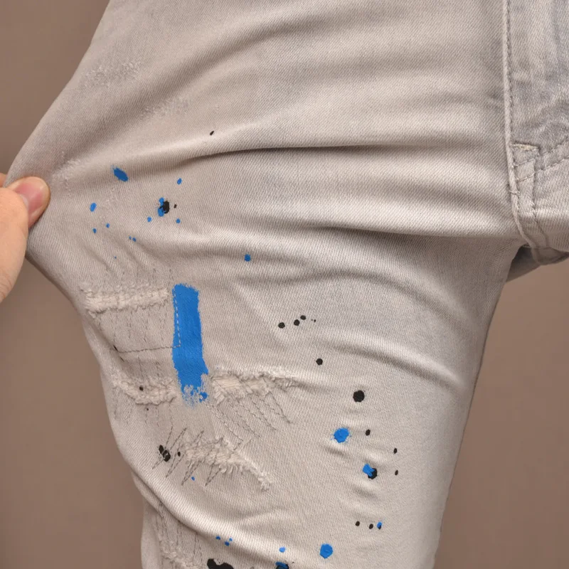 Summer Thin Light Gray Ripped Jeans for Boys Slim Fit Stretch Washed Distressed Paint Design Trousers