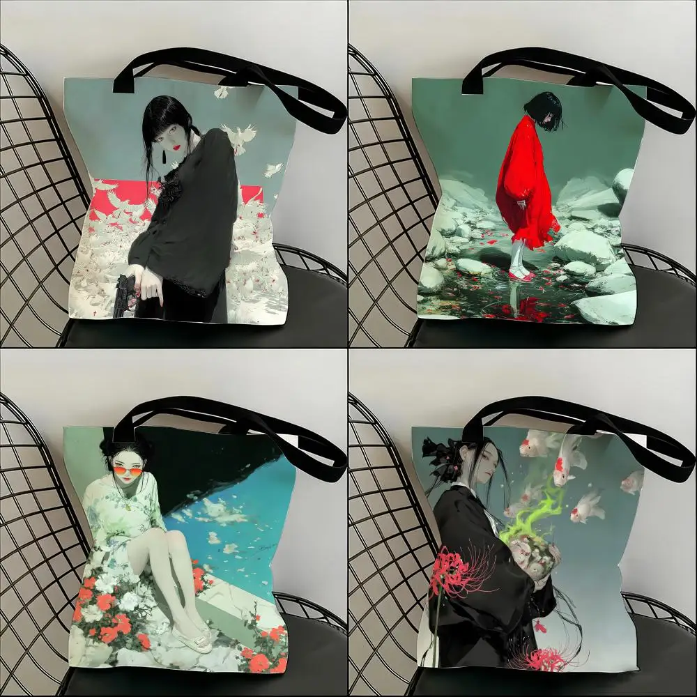 

Eastern aesthetics art illustration Storage Bags Lightweight Canvas Shoulder Shopper Fashionable Eco Multi Use Tote with Large C