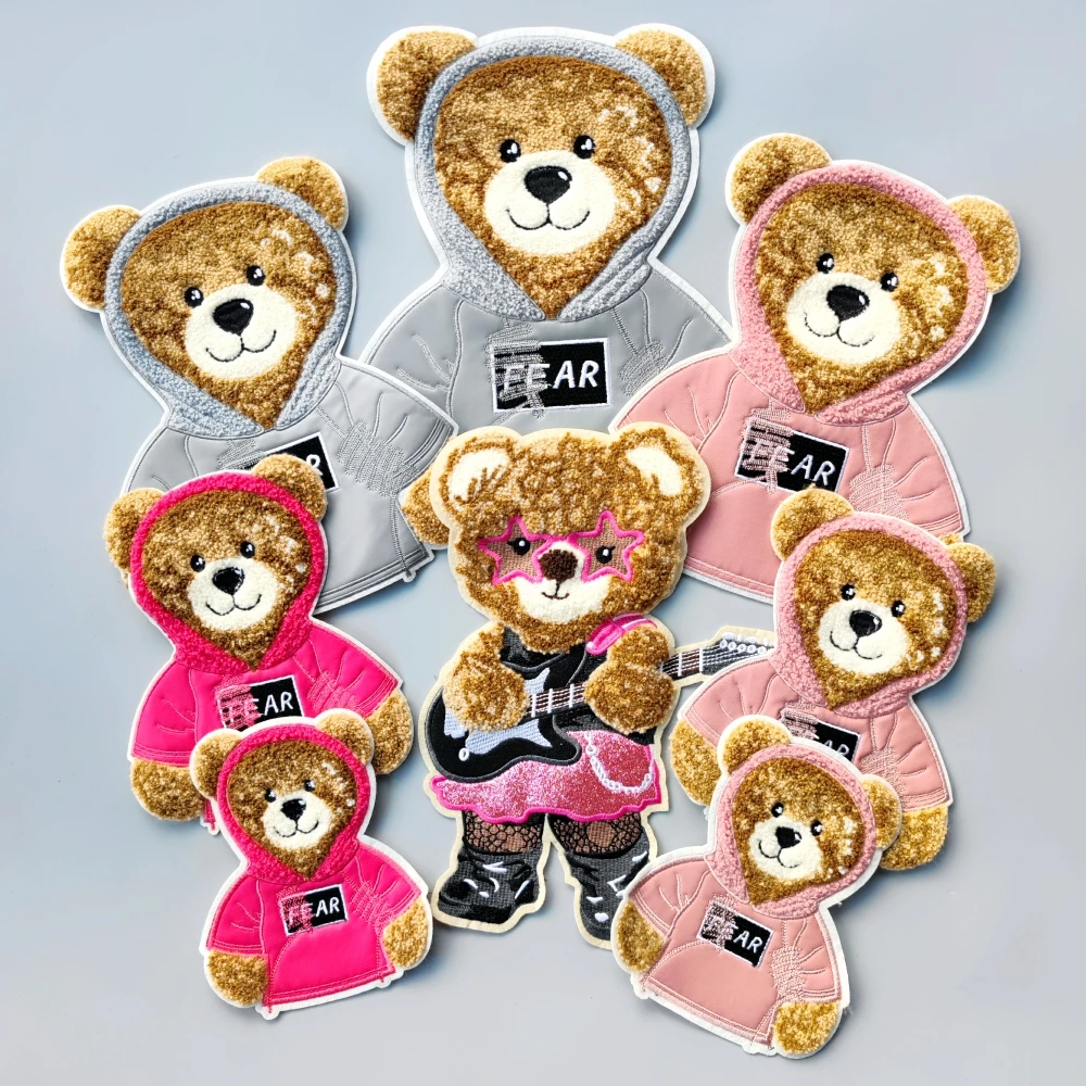 Parche bordado de oso de baloncesto de chenilla, parches cosidos en osos rosas, insignias de dibujos animados, apliques de animales, accesorio DIY A