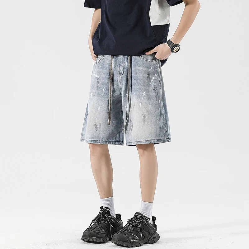 ฤดูร้อนผู้ชายRelaxed Fit Cargo Denimกางเกงขาสั้นStreetwear ElasticเอวHeavy-Duty Burnedล้างกลางความยาวกางเกงยีนส์สั้นกางเกง