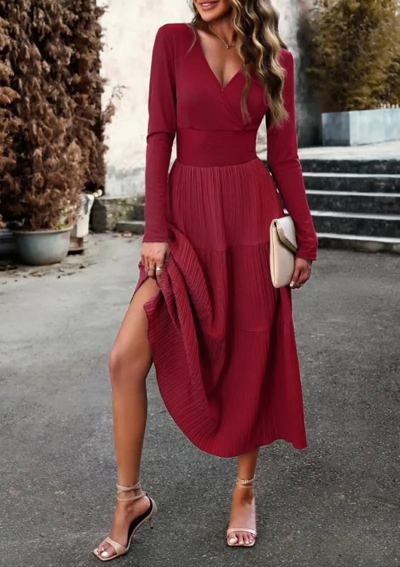 French Elegant Women's Dresses Autumn Casual V-Neck High Waisted Knitted Splicing Daily Commuter Long Sleeve Elegant Long Dress