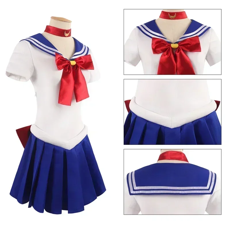 Women's Sailor Moon Tsukino Usagi Adult Cosplay Costume 7 Pcs Set Crystal Sailor Suit Dress Wig Props Uniform Outfit Halloween