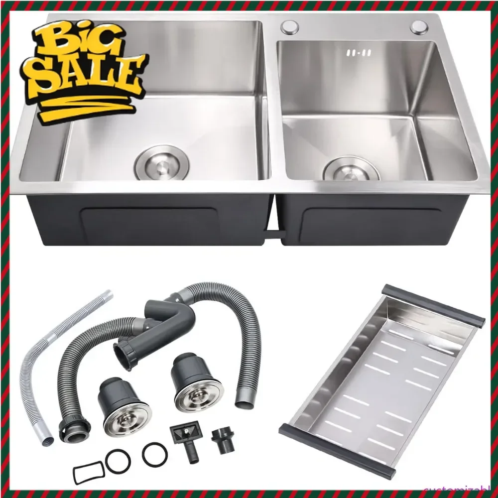 Hot salesCustomizable T-304 Modern Nano-Coated Stainless Steel Kitchen Sink, Drop in & Topmount Double Bowl Sinks with Drainage