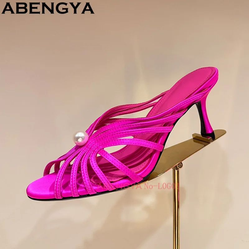 Summer Thin Heels Slides Pearls Studded Slippers Women Hollow Out High Heel Sandals Women's Slippers 2026