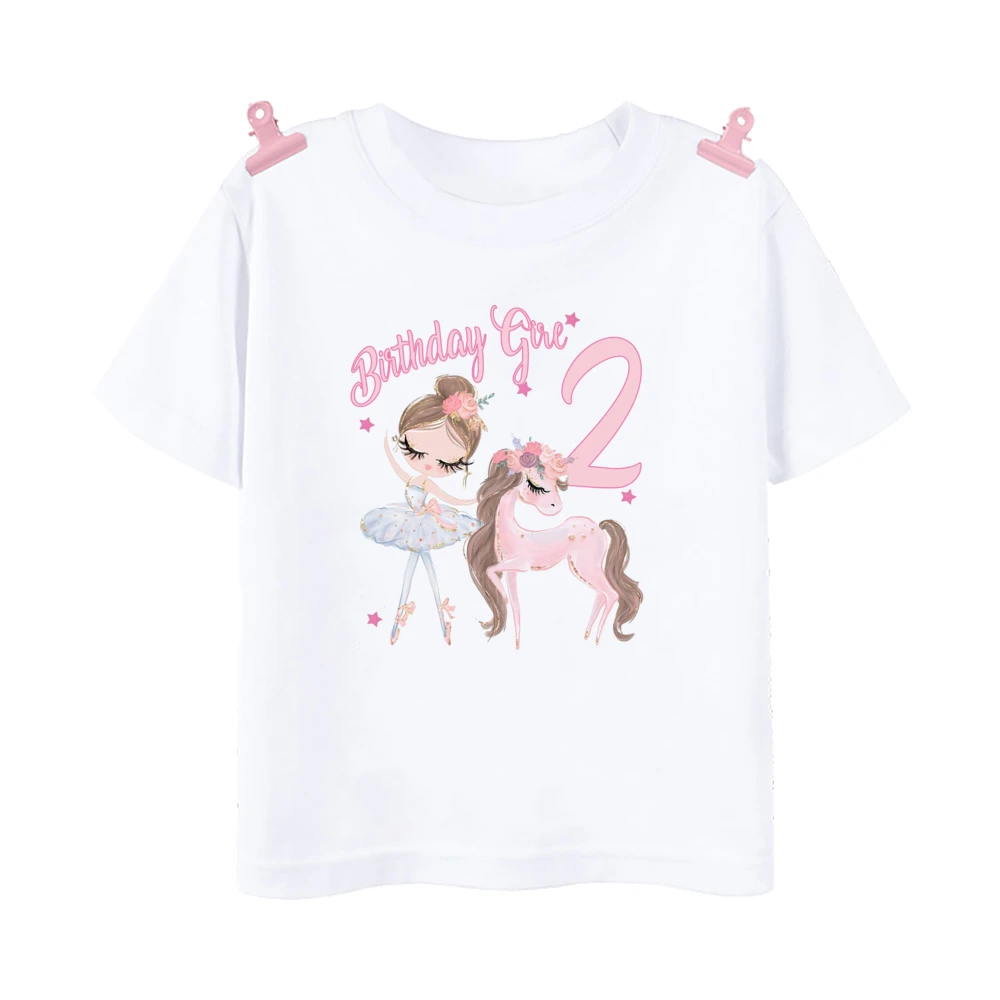 Kids Pink Ballerina Pony Print T-shirt 1-12 Birthday Party Outfit Tops Birthday Girls Short Sleeve T Shirt Clothes Gift for Girl