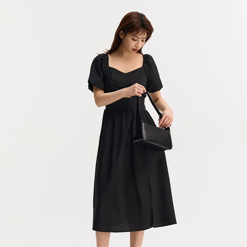 Semir Women Dress Solid Color Puff SleeveElegant And Slimming Sweet Summer French-Style Waist-Collecting Little Black Dresses