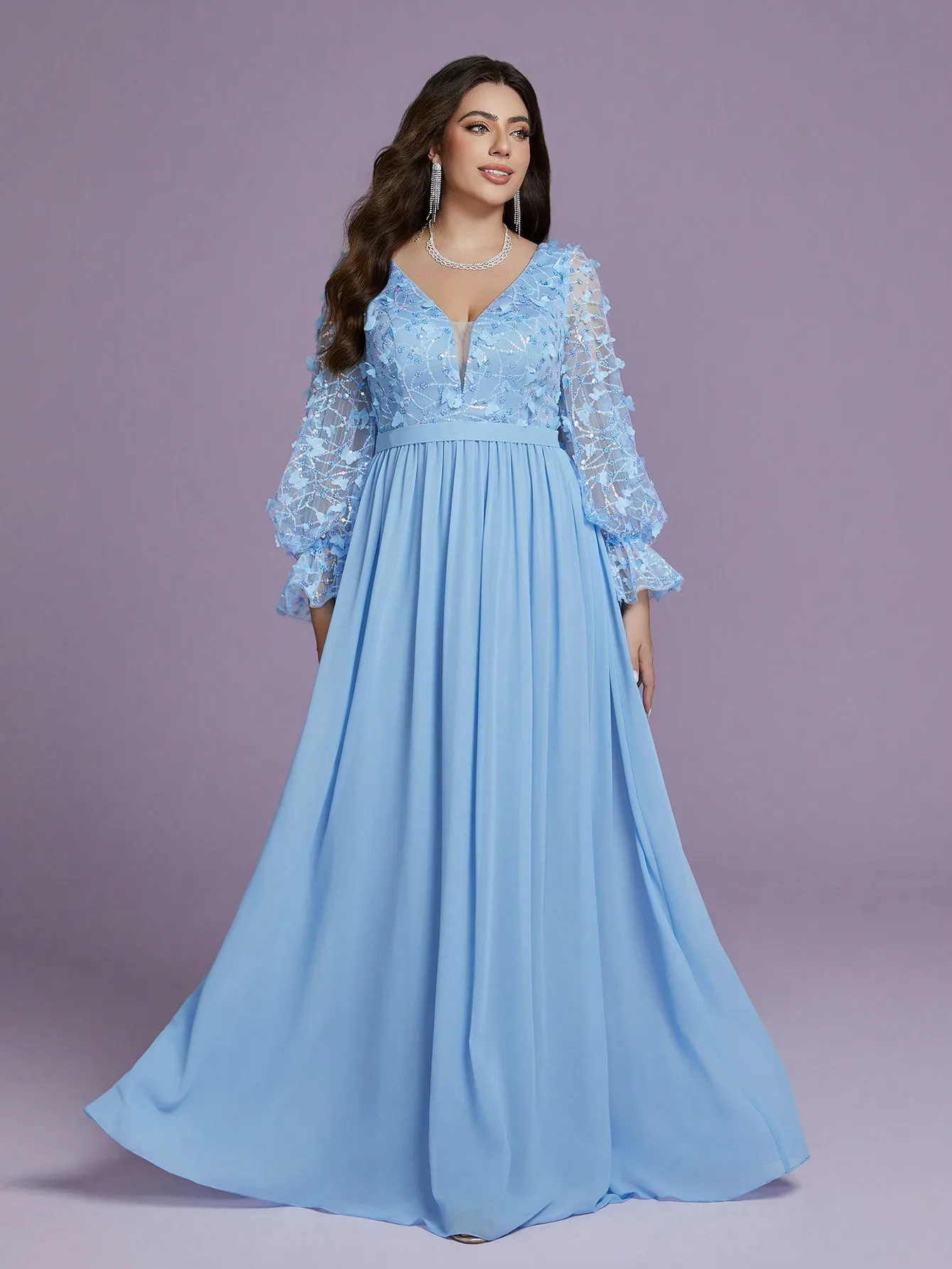 Vestido de noche de alta gama de gasa con perlas y dobladillo de manga larga con lentejuelas y mariposas con estampado de llamas y cuello Mgiacyv