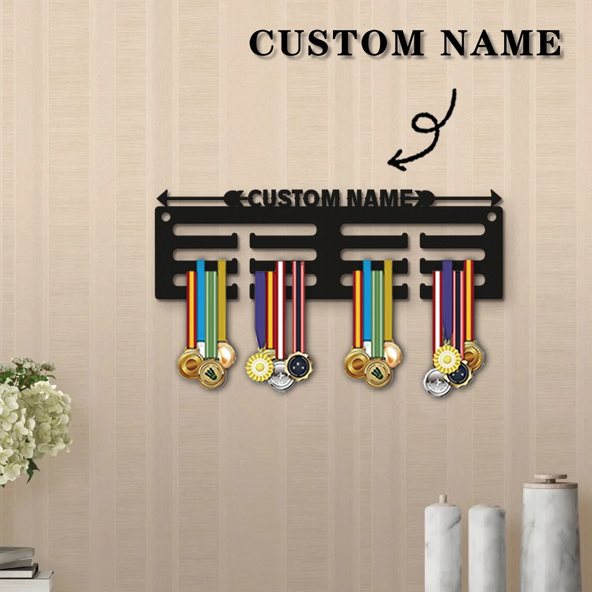 1pc Custom Wooden arrow Medal Hanger, Personalized Medal Display Rack for Athletes,Ideal Gift for Family Friends
