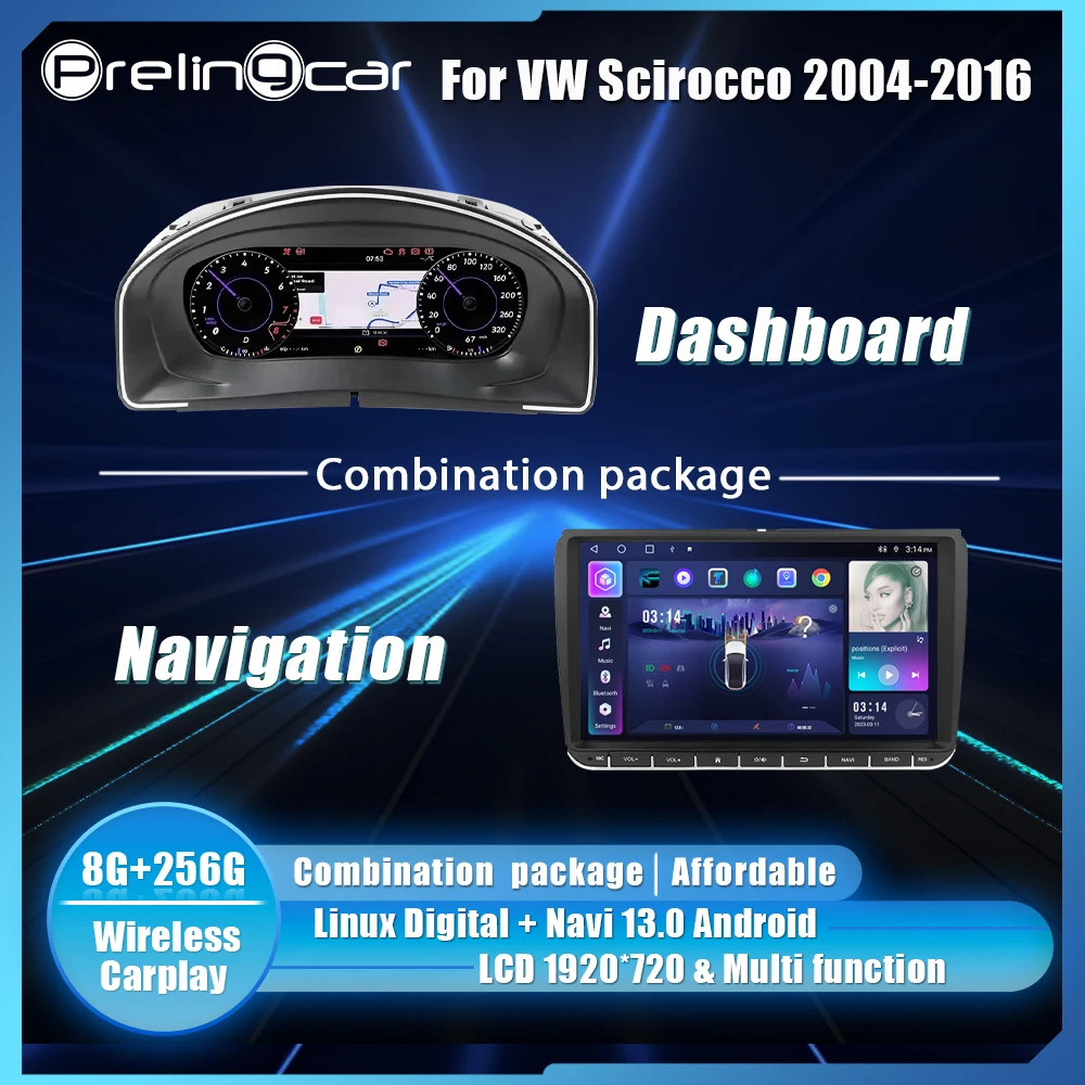 Prelingcar 10,25 Zoll LCD Digital Cluster für VW Scirocco 2004–2016 Ys Armaturenbrett Android Player Navigation Radio Panel Cockpit