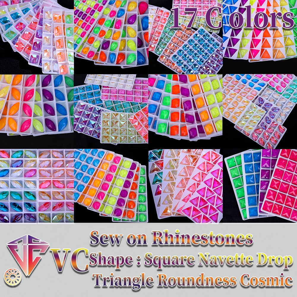 VC Neon Fluorescent Sew on Rhinestones Square,Navette Triangle Drop Round Cosmic Sewing Diamond Flatback DIY Accessories Wedding