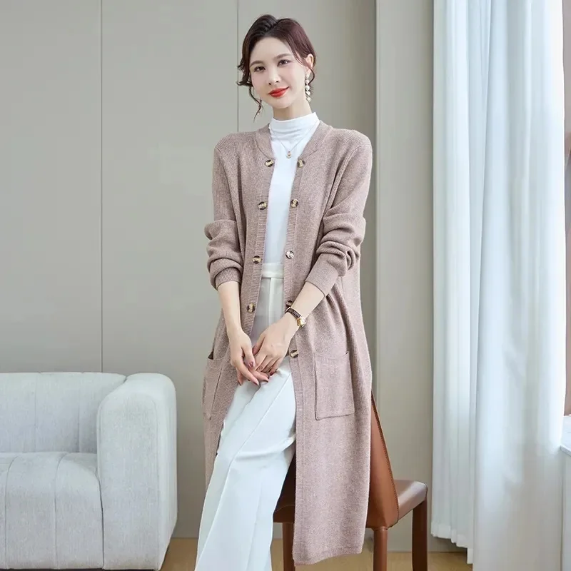 

Женское шерстяное пальто, бежевый свитер, осенне-зимний длинный вязаный кардиган в ленивом стиле, женский свитер выше колена, женское пальто