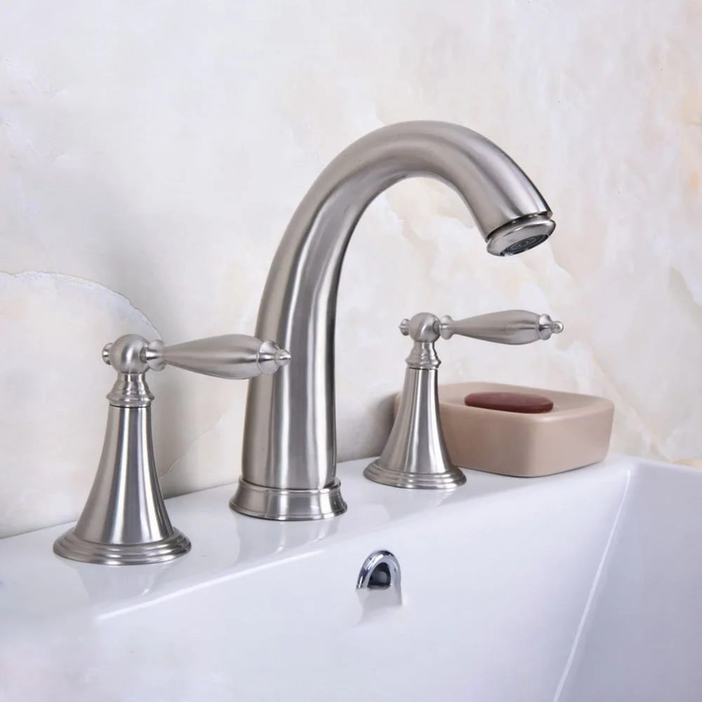 

Brushed Nickel Dual Handle Bathroom Mixer Faucet Deck Mounted 3 Install Holes Hot and Cold Water Lavatory Sink Taps Bbn016