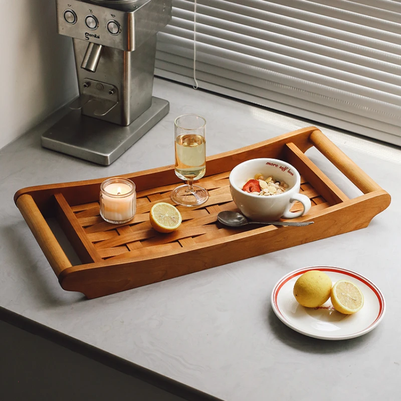 

Natural Cherry Wood Tea Tray Vintage Weaving Dim Sum Dish Handheld Type Versatile Scene Storage Plate Shooting Decorative Props