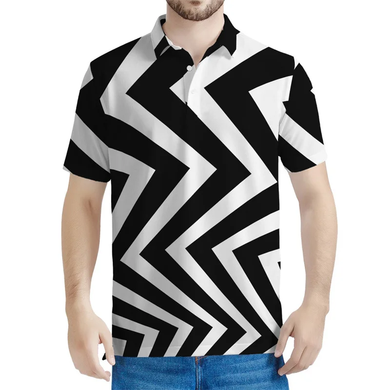 Fashion Black White Geometric Pattern Polo Shirt Men 3D Printed Camo Lapel T-Shirt Summer Short Sleeves Tops Button Loose Tees
