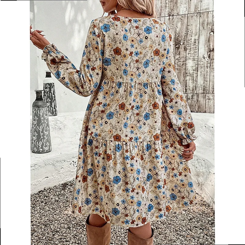 Elegant Floral Lantern Sleeve Dress for Women Spring Summer Midi Dresses Matching Set Jumpsuit Playsuit
