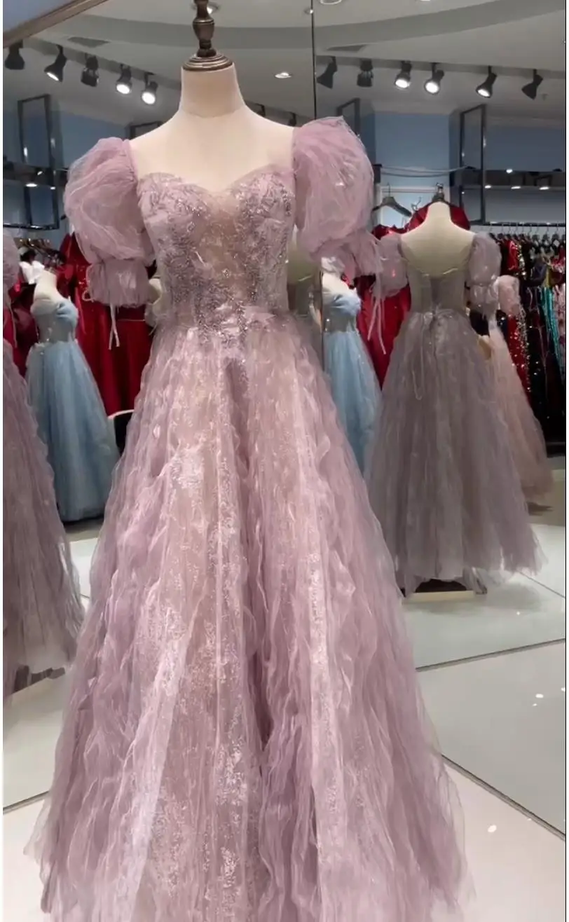 Customized Elegant Evening Dress Sweetheart A-line Puff Sleeve Lace Beading Formal Party Gowns for Women Vestidos Real Pictures