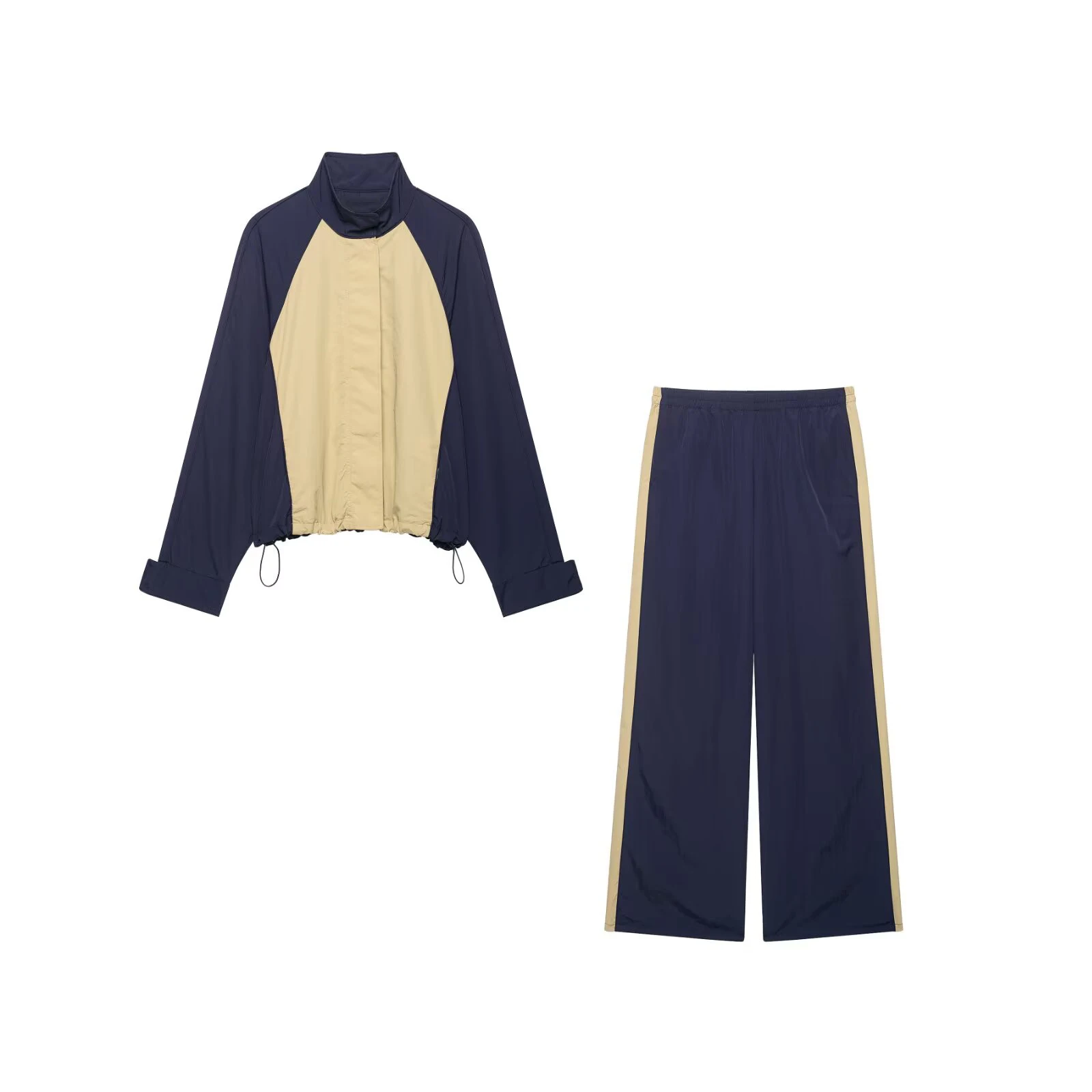 HH Damen Vintage Color-Block Sport 2-Teiliges Set Stehkragen Freizeitjacke Elastische Taille Weite Lange Hose Schulanfangskleidung – Detail 3