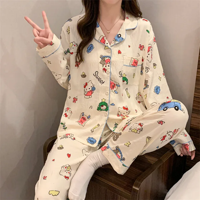 

Hello Kitty Women's Spring Autumn Cloud Cotton Pajama Set Long Sleeve Pants Kawaii Sweet Cute Soft Comfy Home Loungewear