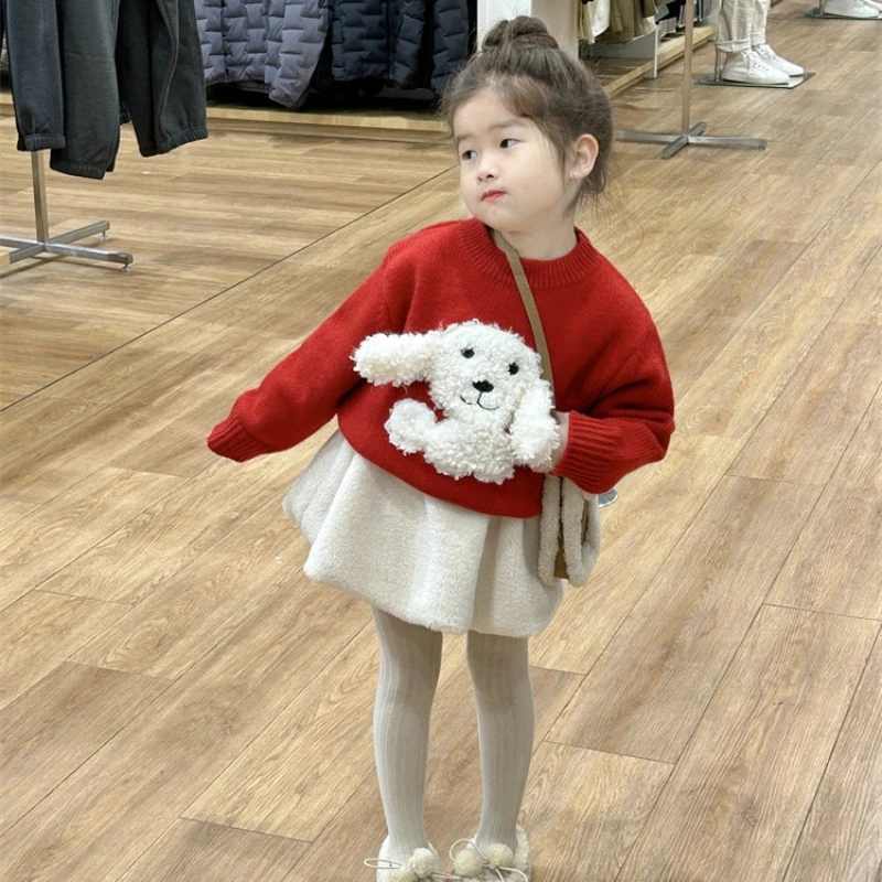 Children Sweater Girls Clothing Plush Dog Red Top Children Set Toddler Girl Clothes Baby Boy Clothes Set for Children Loungewear