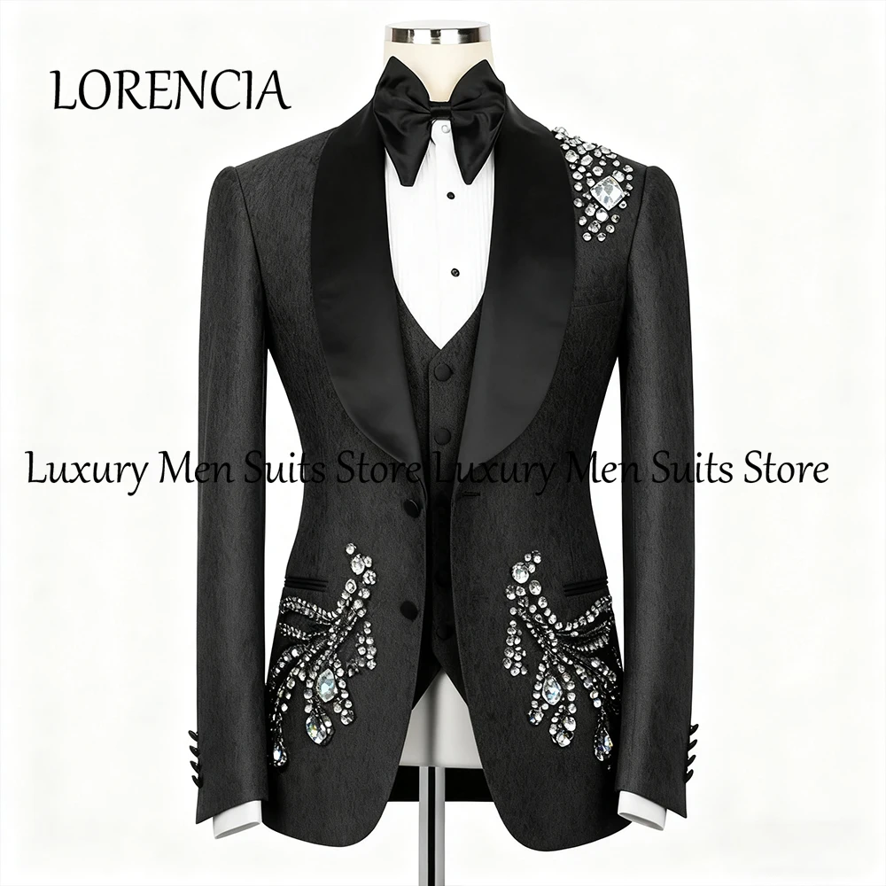 

Luxurious Crystal Male Suits 3 Pieces Shawl Collar Tuxedos Set Wedding Party Outfits Customized Blazer Pants robe mariage femme