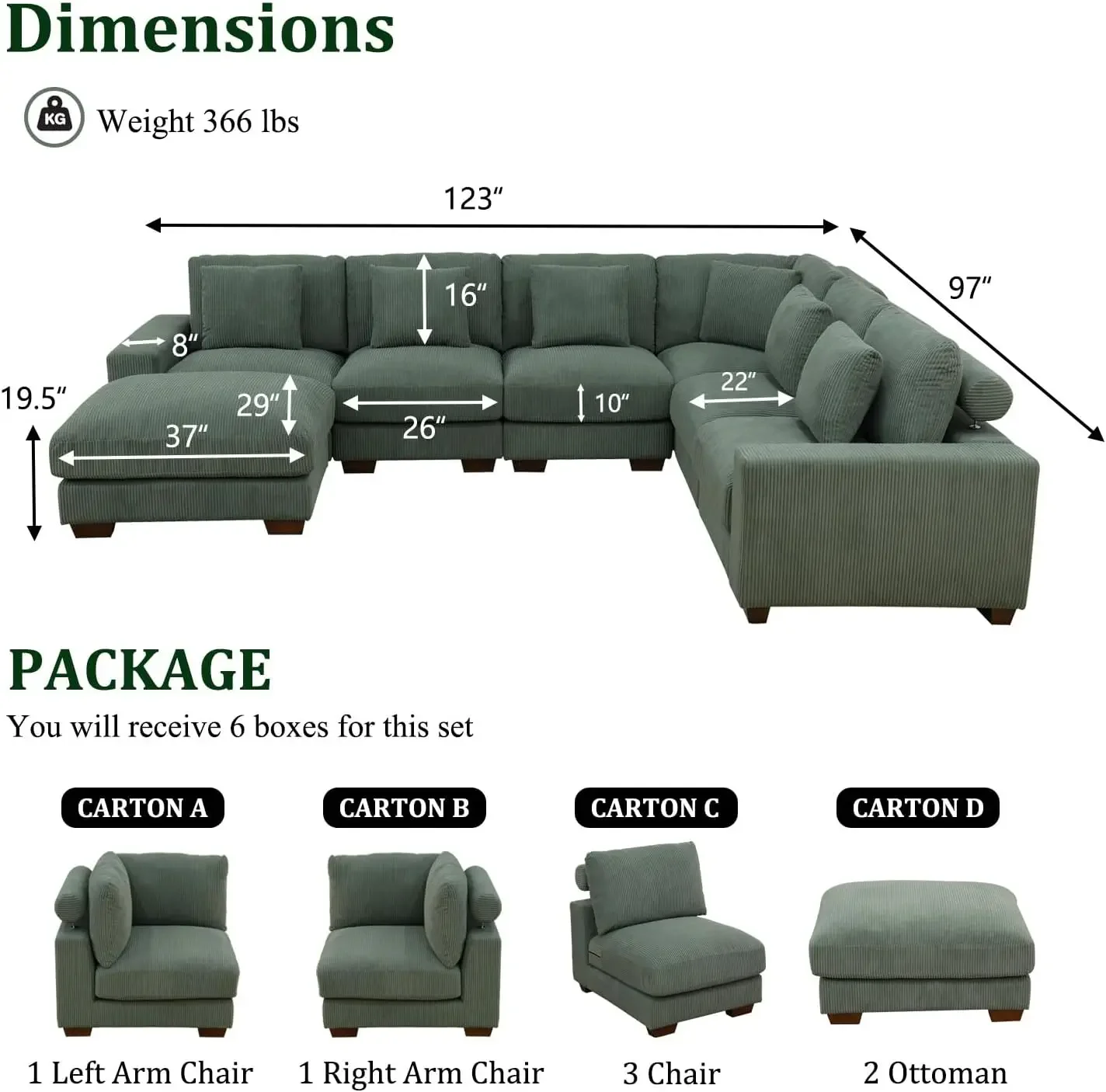 Green Corduroy Sofa Set, L-Shaped Sofa with Storage Ottoman, Left-Hand Facing Sectional Sofa Sets