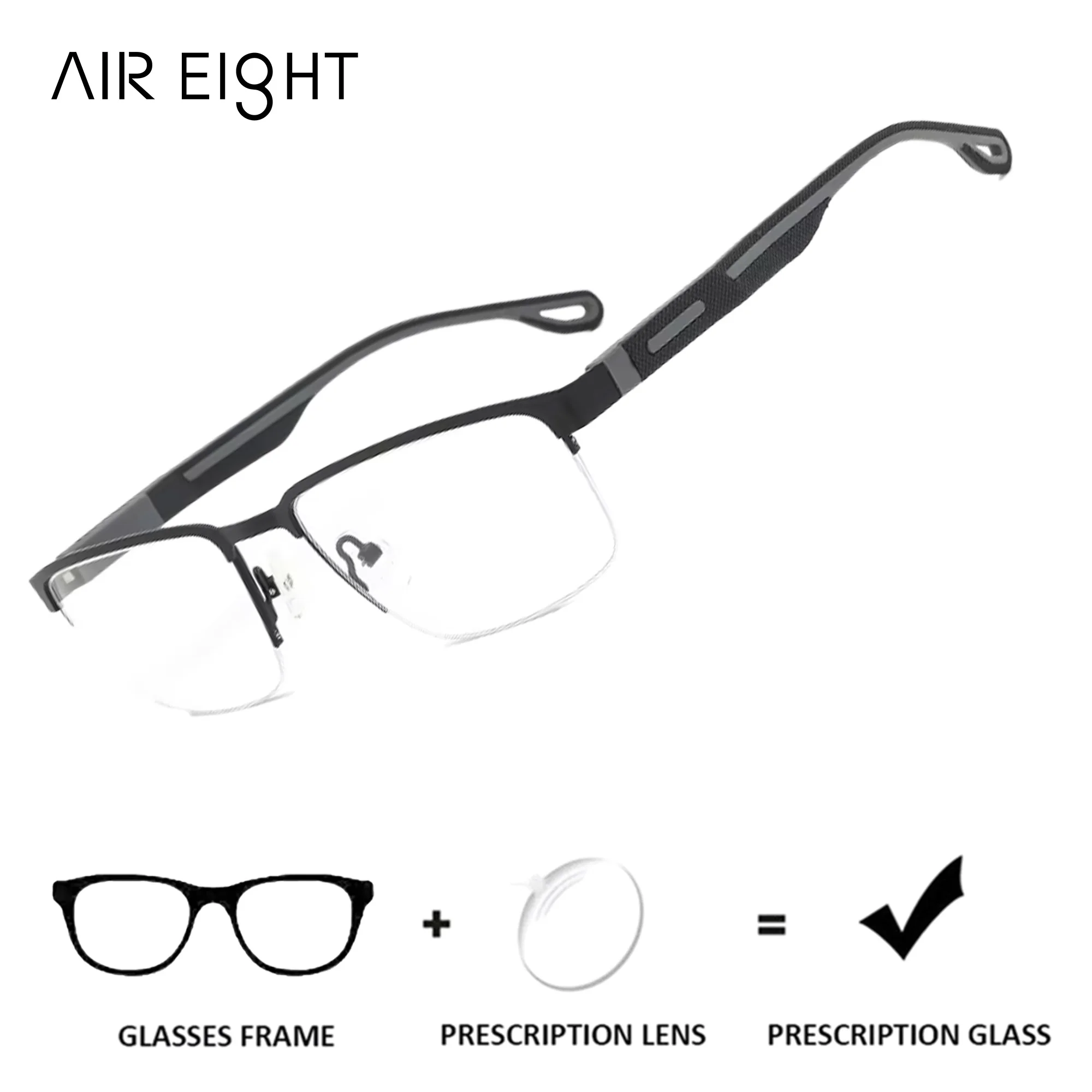AIR EIGHT Business Half-Rim Square Metal for Men Prescription Glasses Progressive Myopia Lenses Blue Light Filter Eyeglasses