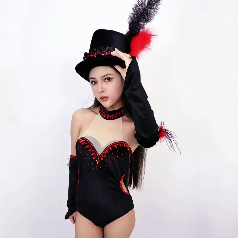 

Women Team Jazz Dance Performance Costume Sexy Back Backless Crystal Bodysuit with Gloves Feather Hat Nightclub Gogo Rave Outfit