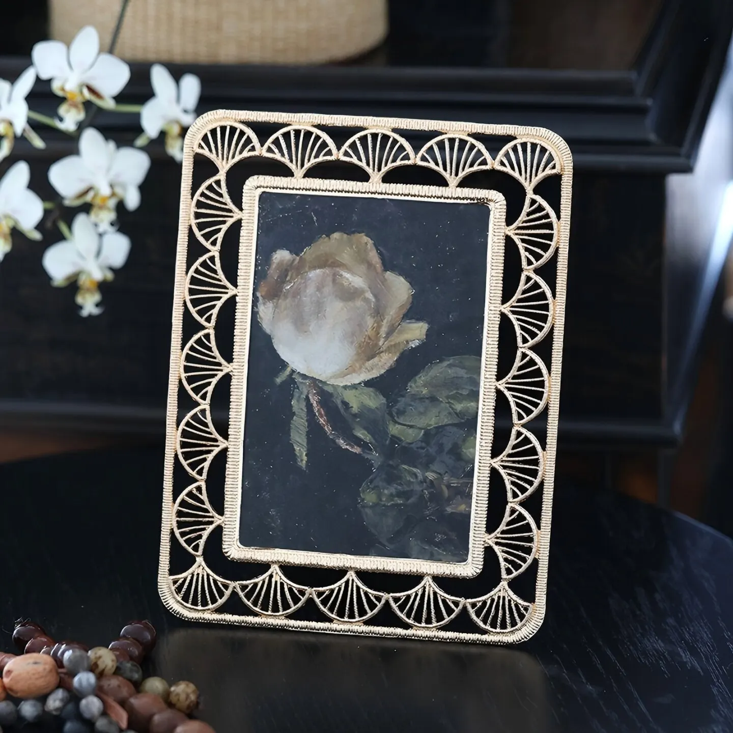 Vintage 6 Inch Filigree Metal Picture Frame, Ornate Carved Tabletop Display Frame, Antique Photo Holder for Desk Shelf Decor