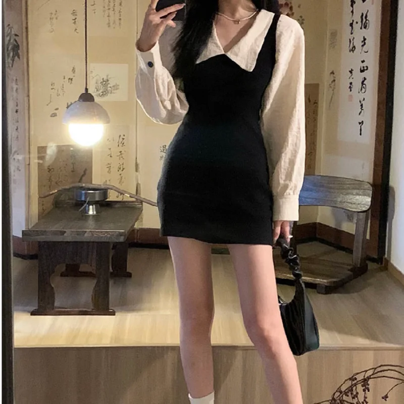 

Preppy Long Sleeve Mini Dresses for Women Korean Fashion Style Cute Sexy Peter Pan Collar A-line Casual Vestidos Chic Sukienki