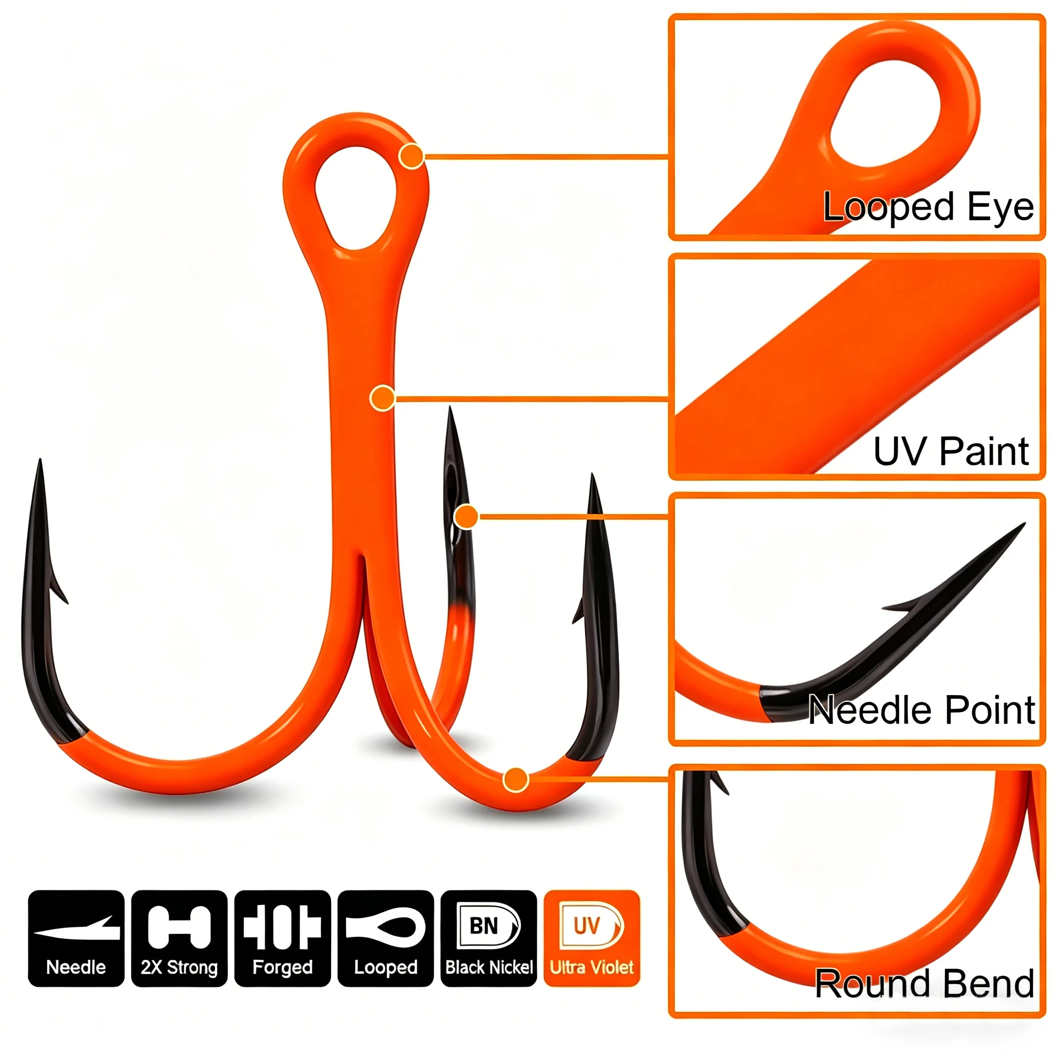 9KM Fishing Treble Hooks 5-10pcs Orange UV Triple Hook 2X Strong Replacement Hooks on Hard Lures Saltwater Freshwater Fishing