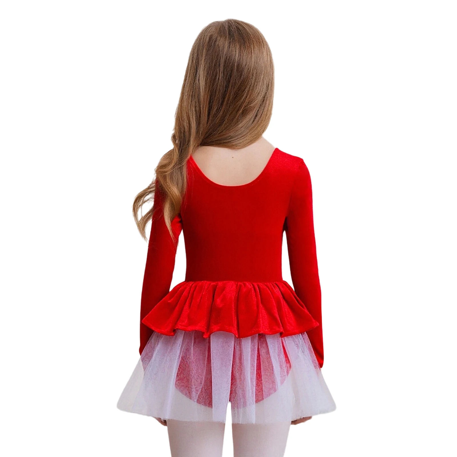 Girls Figure Skating Ballet Dance Costume Long Sleeves Shiny Sequin Velvet Tutu Dress Gymnastic Leotard Carnival Party Dancewear