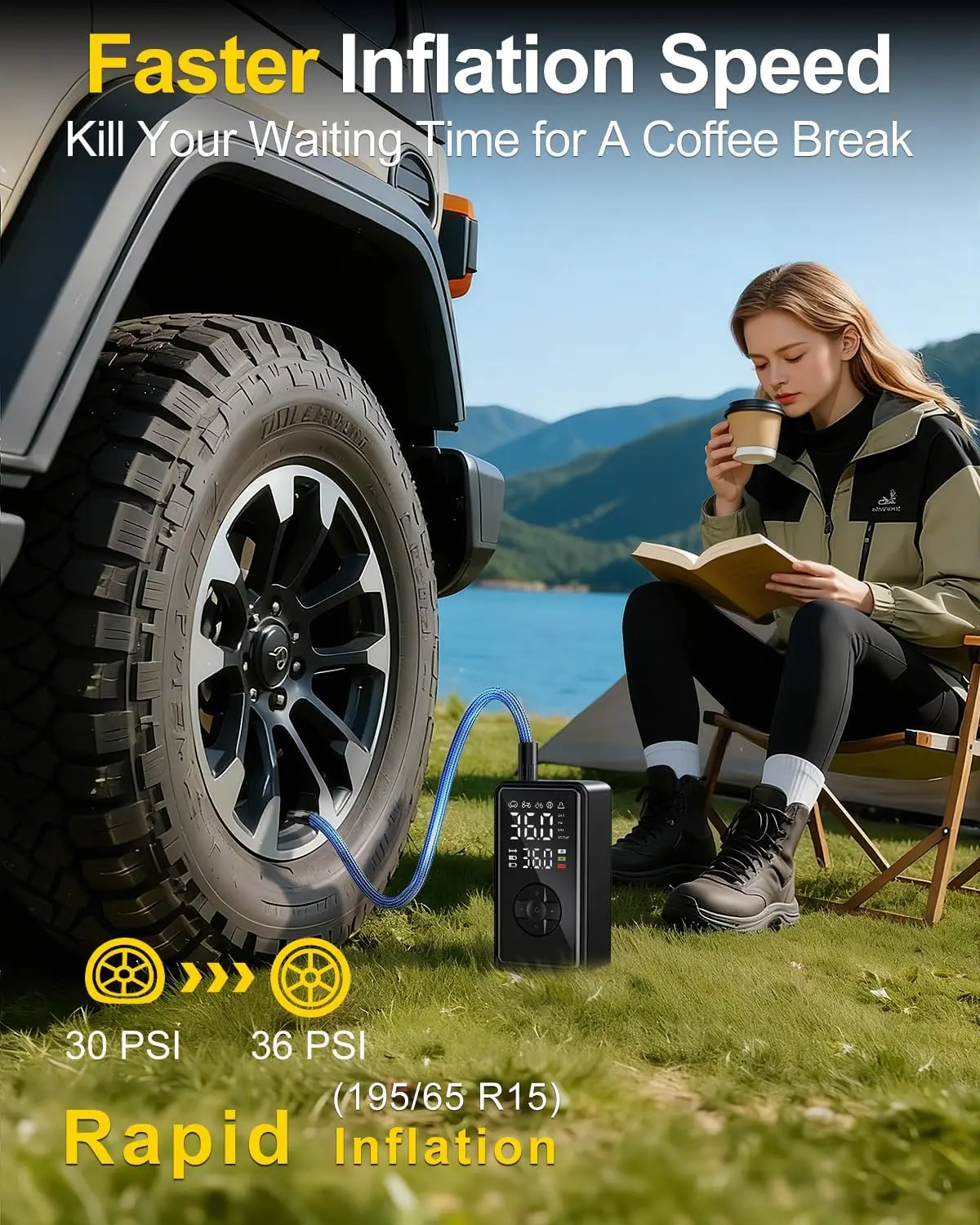 車、バイク、オートバイ用のLCDゲージ付きポータブルデジタルタイヤインフレーター - 高速充填