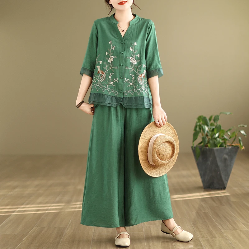 Retro Hemp Embroidered Top Wide Leg Pants Two Piece Set Ethnic New Chinese Style T Shirt Ensemble Summer Loose Fit Cotton