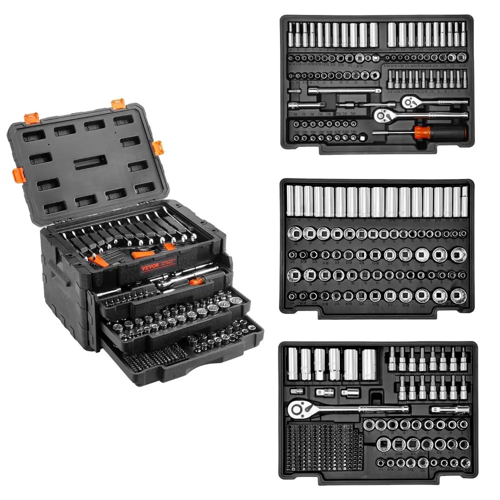 Mechanics Tool Set and Socket Set, 1 4 3 8 1 2 Drive Deep and Standard Sockets, 450 Pcs SAE and Metric Mechanic Tool Kit with B