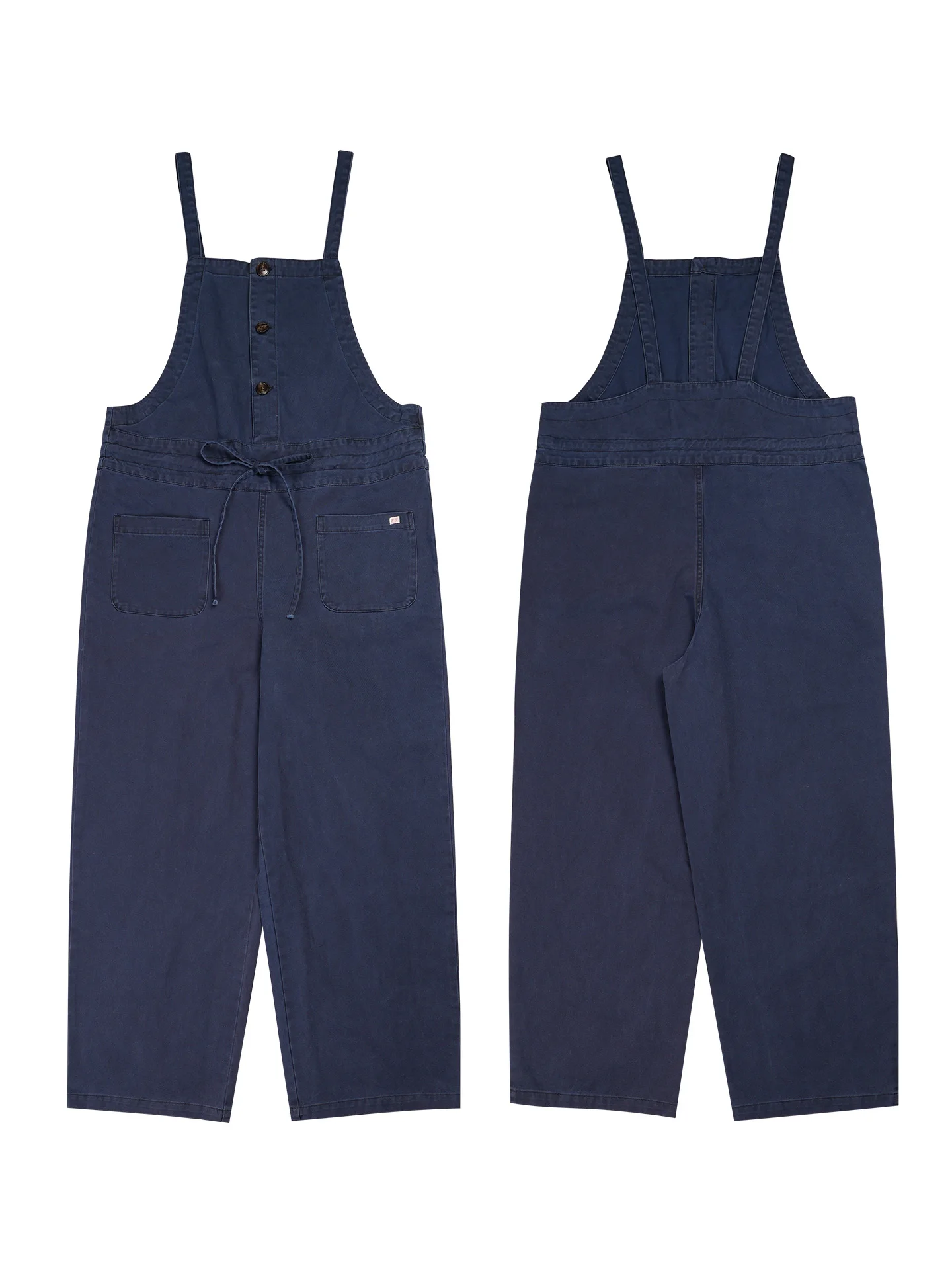 

Retro Korean Washed Workwear Overalls Women's Deep Blue High Waist Loose Drawstring Jumpsuit Lazy Style Long Pants Cotton